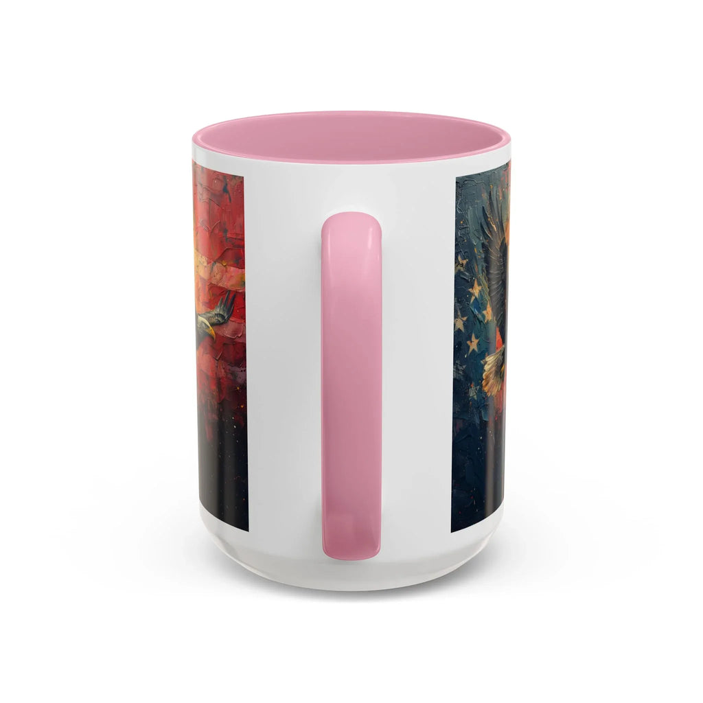 Colorful Mugs (11oz, 15oz) American Eagle Flying Coffee Cup, Patriotic American Eagle flying with American Flag in background - 250 USA Celebration