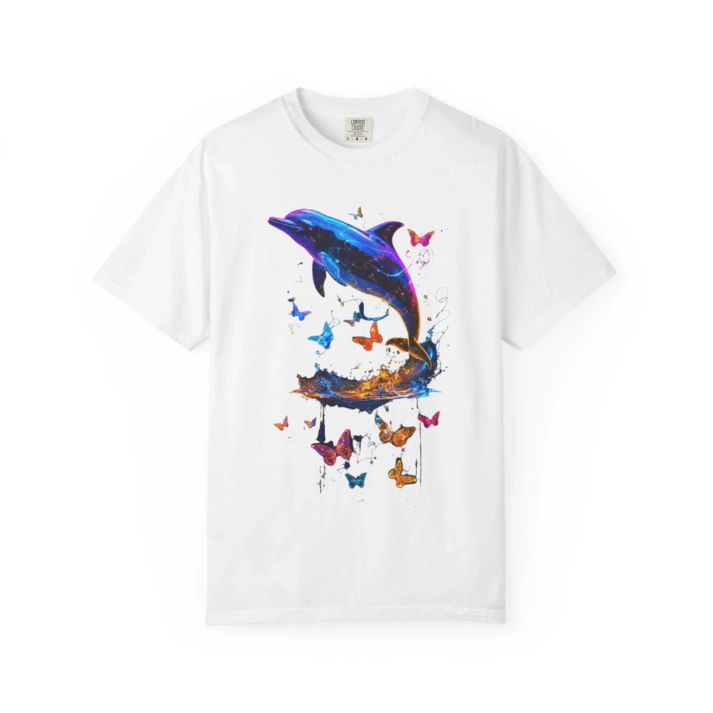 Colorful Dolphin Splash with Butterflies T-Shirt | Ocean Animal Tee - 250 USA Celebration