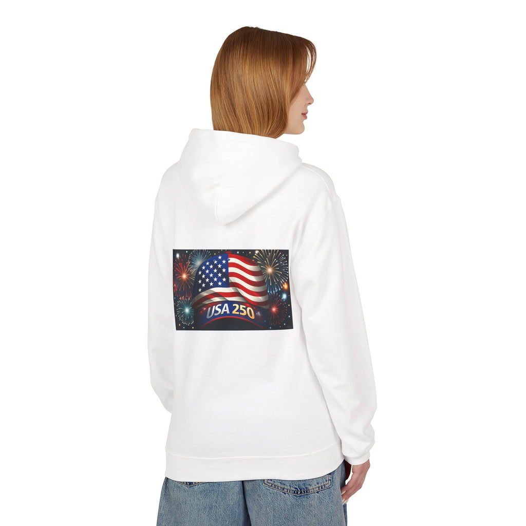 USA 250 Patriotic Hoodie with American Flag & Fireworks