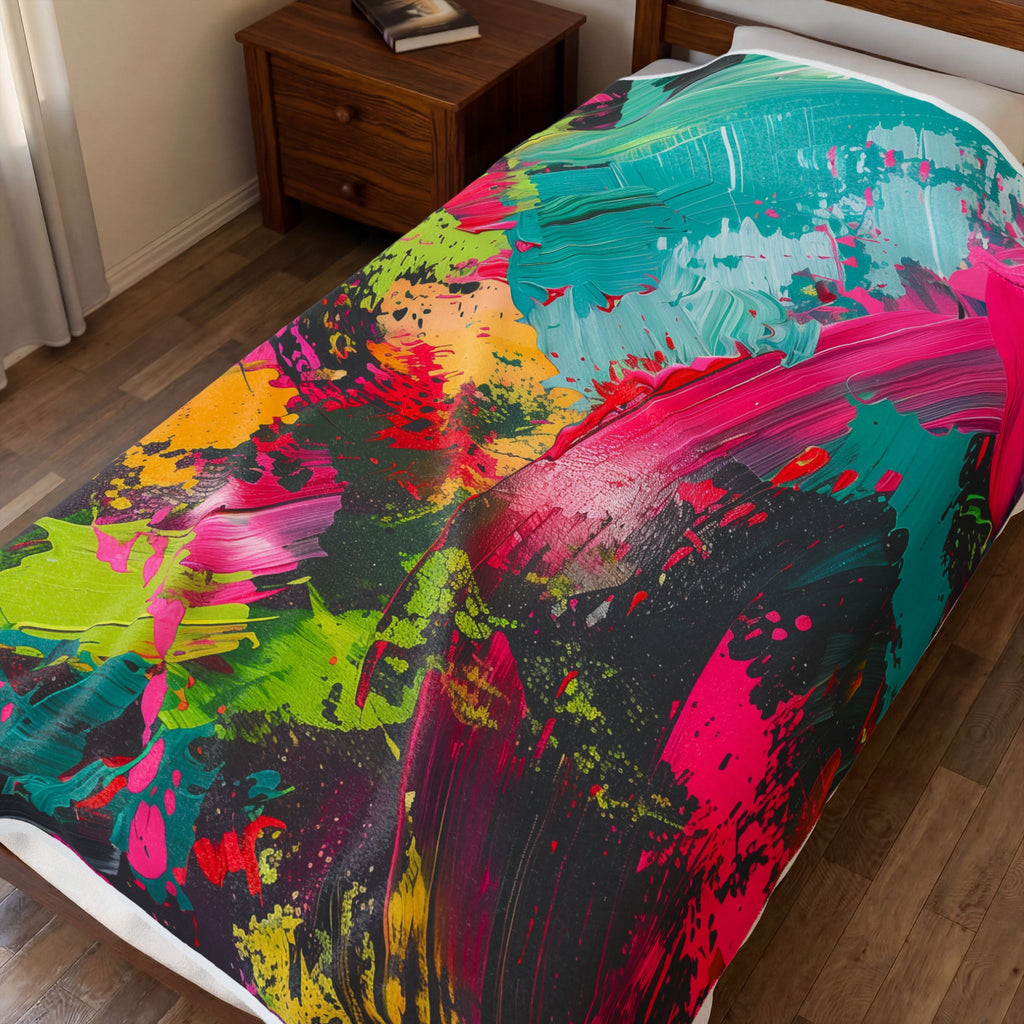 Abstract Neon Brushstroke Velveteen Plush Blanket — Vibrant Colorful Throw for Home, Dorm & Gifts