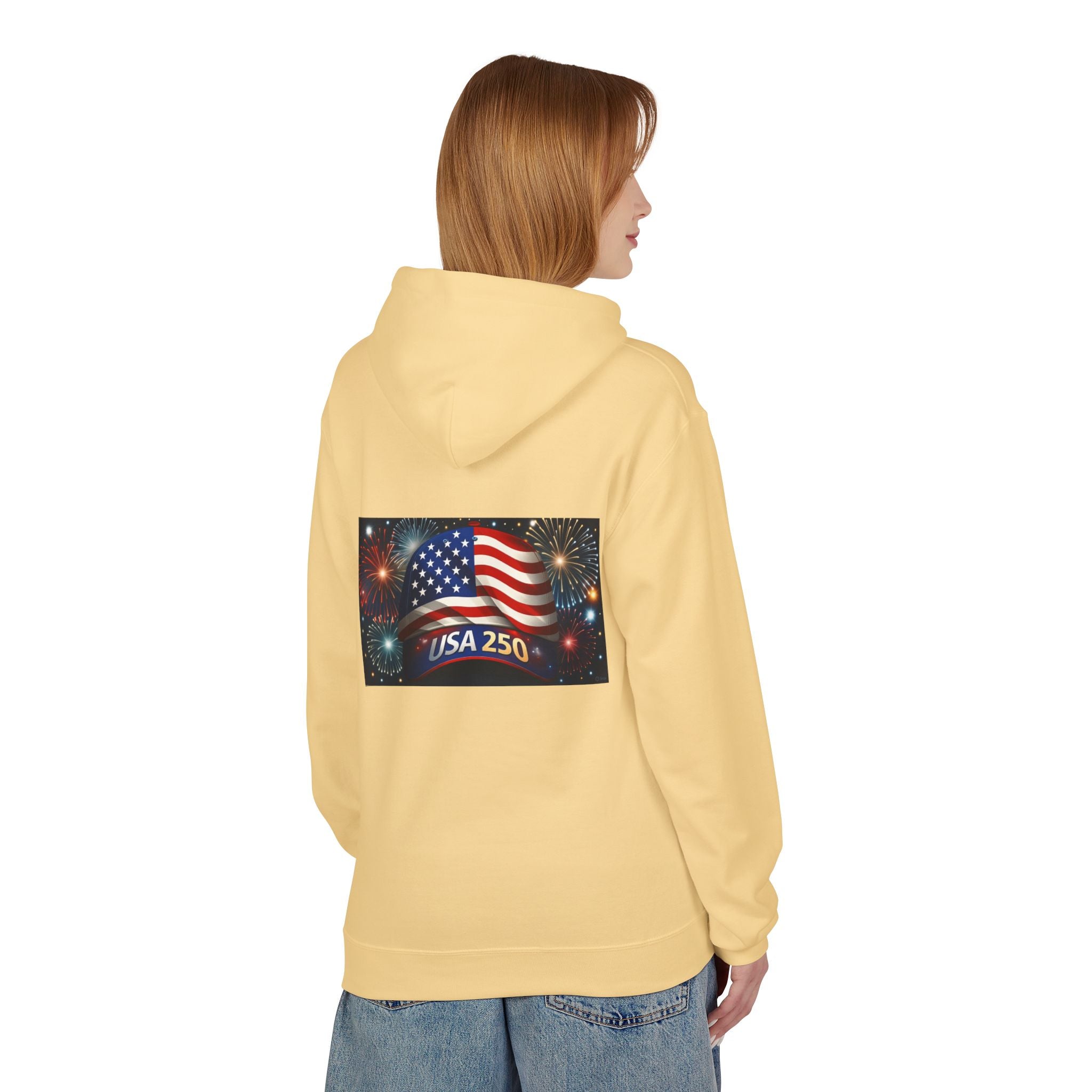 USA 250 Patriotic Hoodie with American Flag & Fireworks