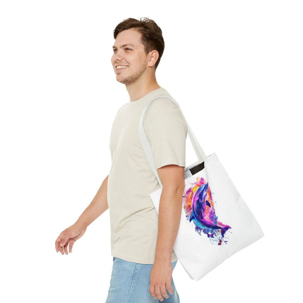 Colorful Watercolor Dolphin Tote Bag | Vibrant Splash Ocean Art - 250 USA Celebration