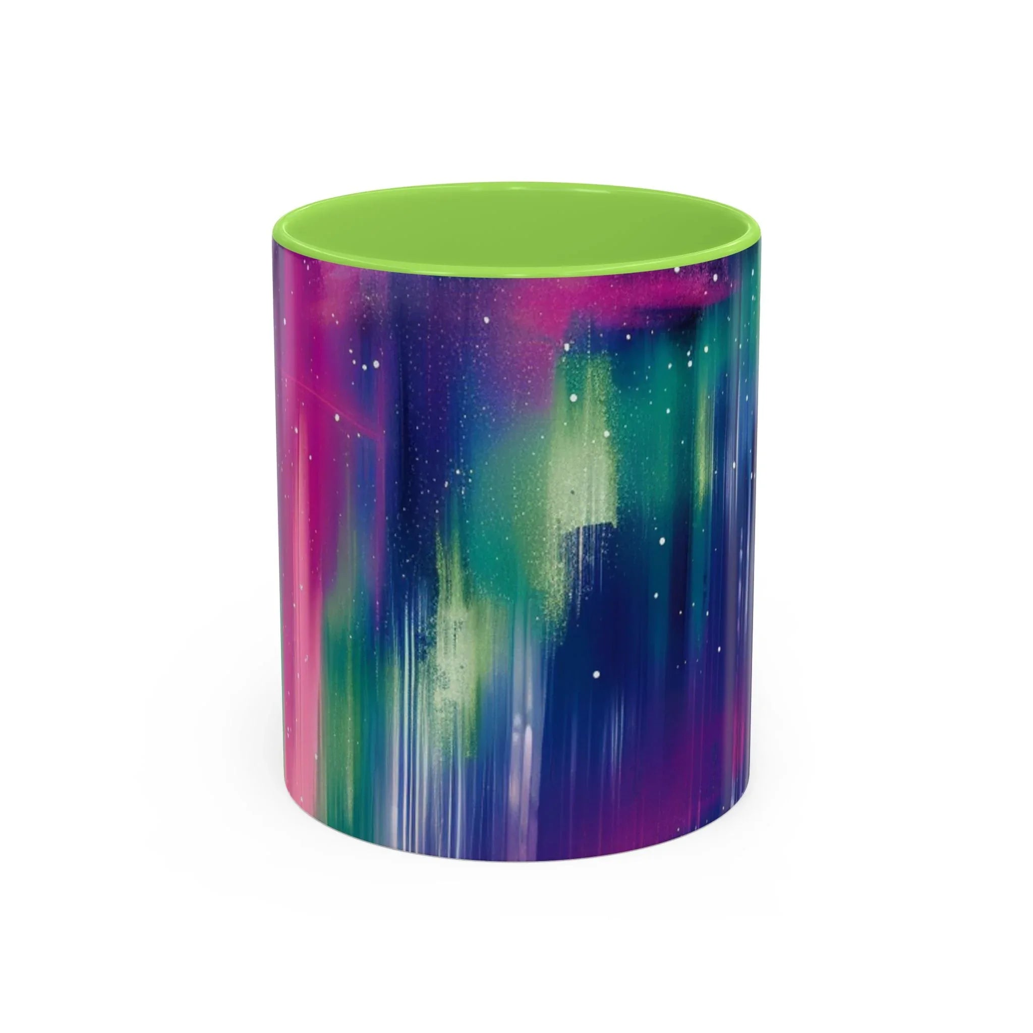 Colorful Mugs (11oz, 15oz), aurora borealis coffee cup design, northern lights starry silhouettes coffee cup - 250 USA Celebration