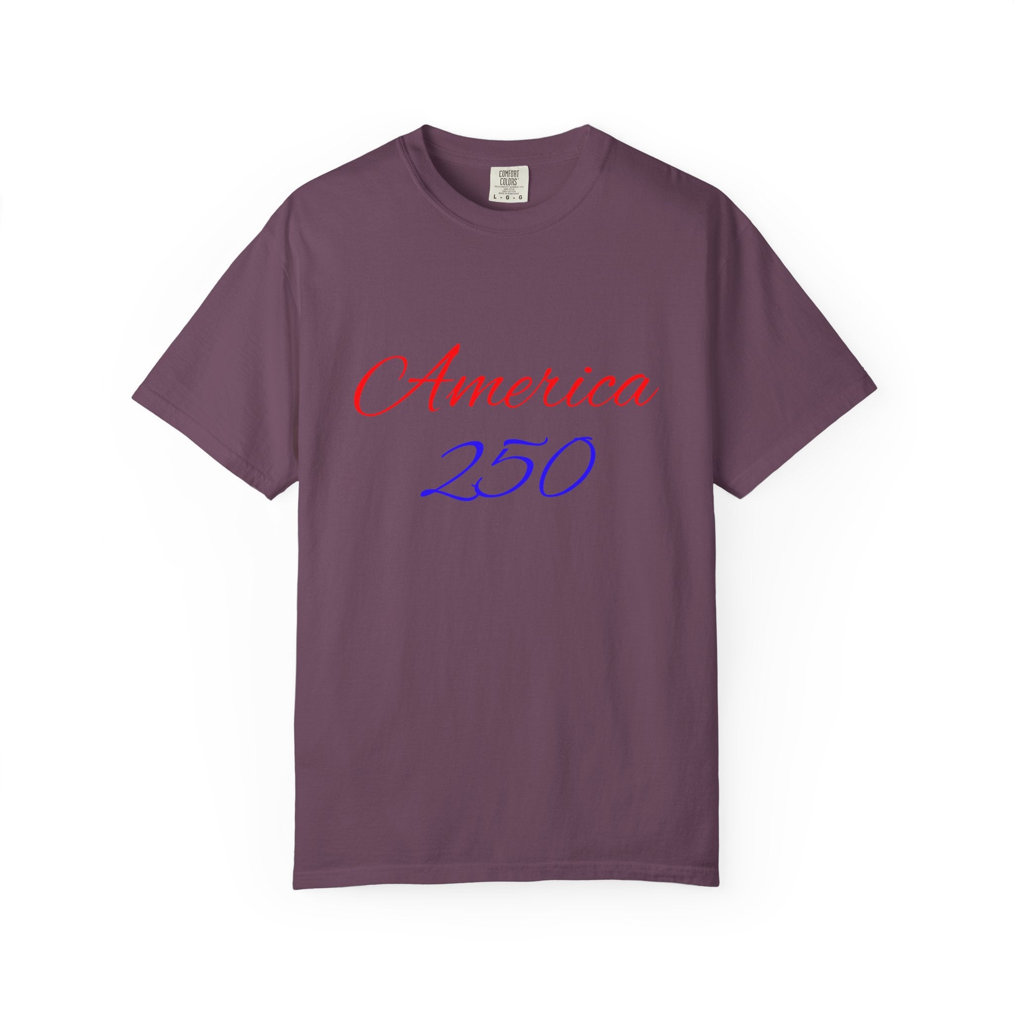 America 250 T-shirt | Patriotic Script, Red and Blue Text