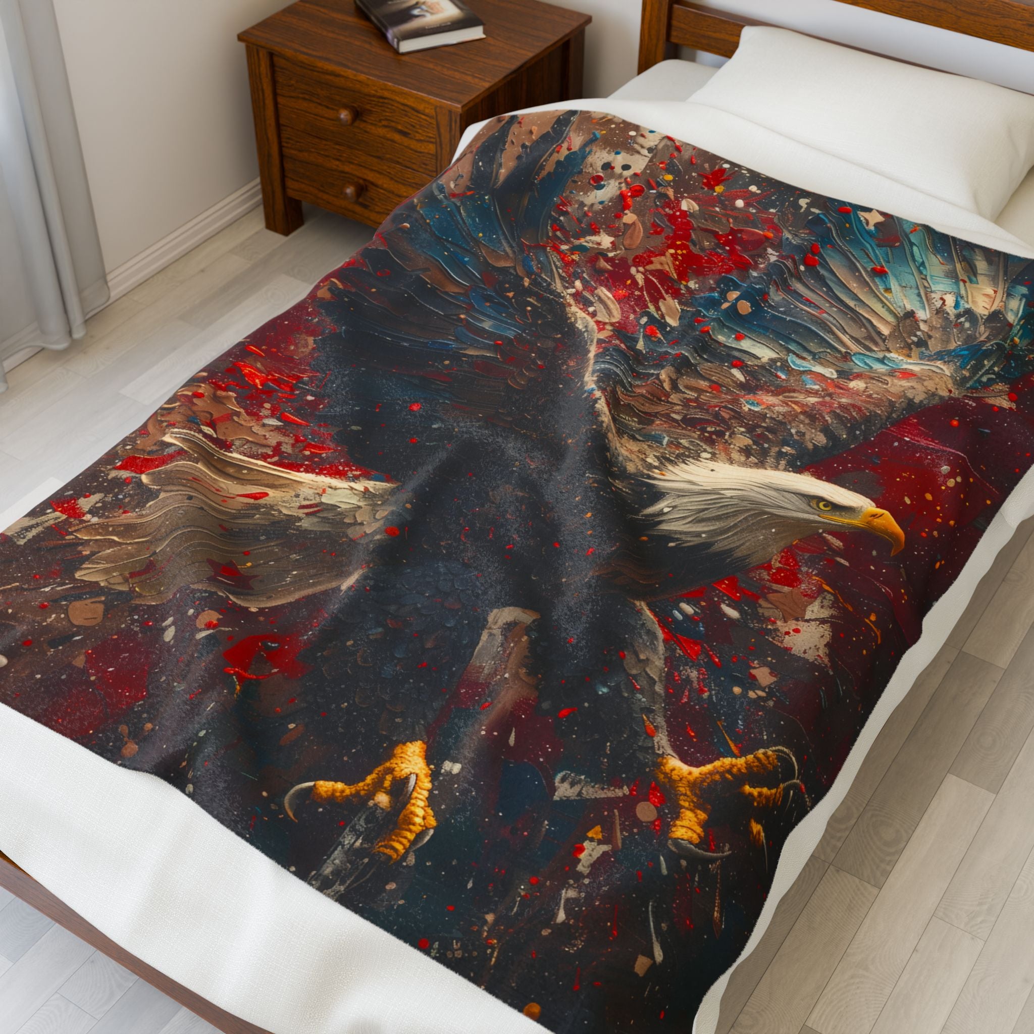 Patriotic Eagle Artwork Velveteen Plush Blanket | Flying Bald Eagle Illustration
