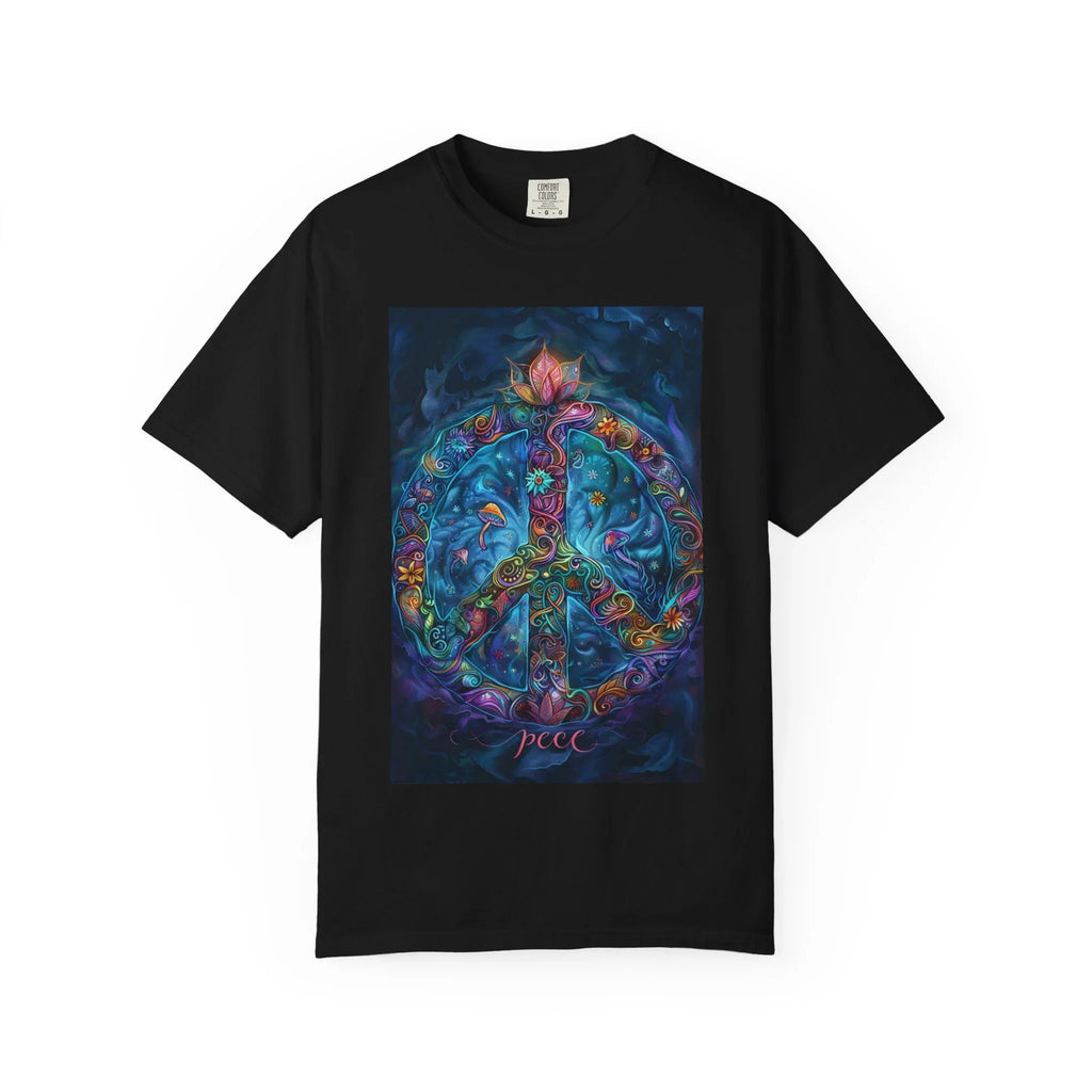 Floral Peace Sign T-shirt | Psychedelic Hippie Vibes, Blue Shirt - 250 USA Celebration