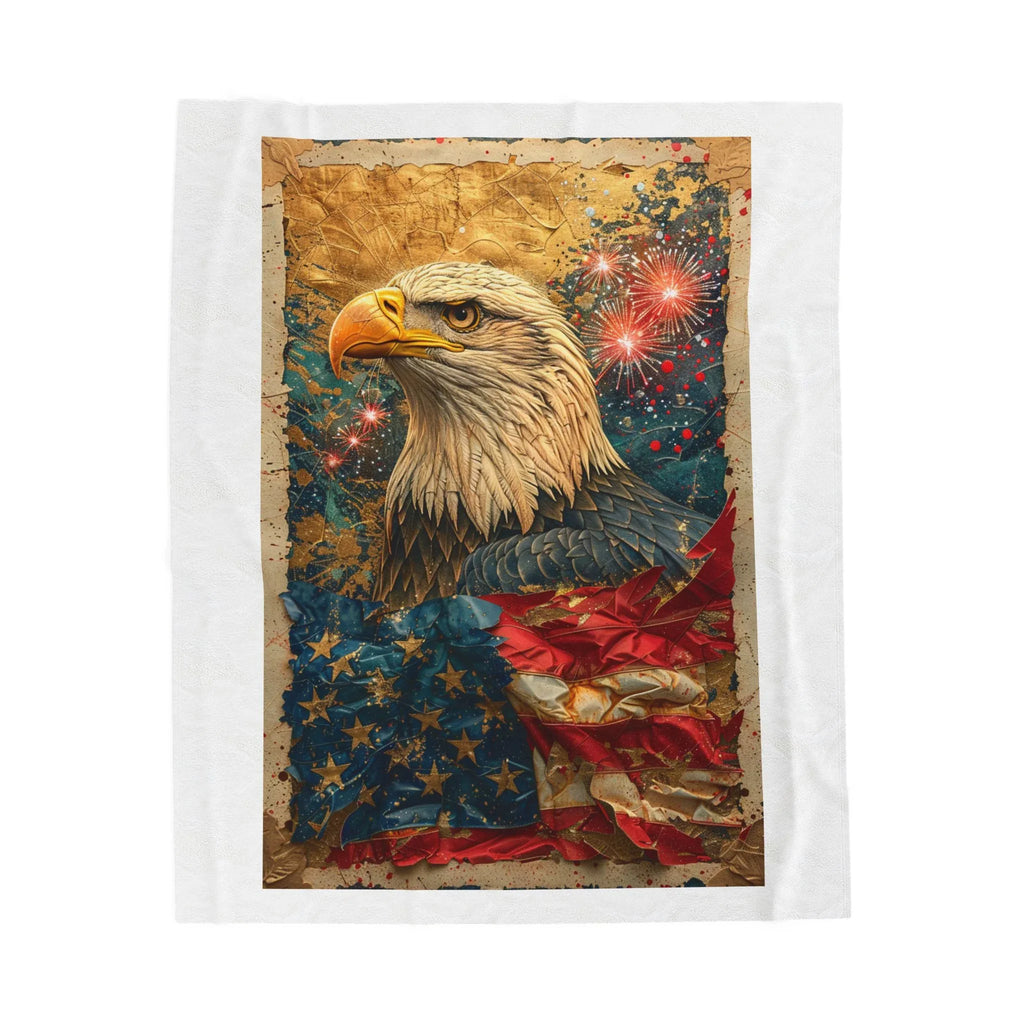 Triumphant Bald Eagle clutching Tattered American Flag Blanket | Patriotic Fireworks Outline - 250 USA Celebration