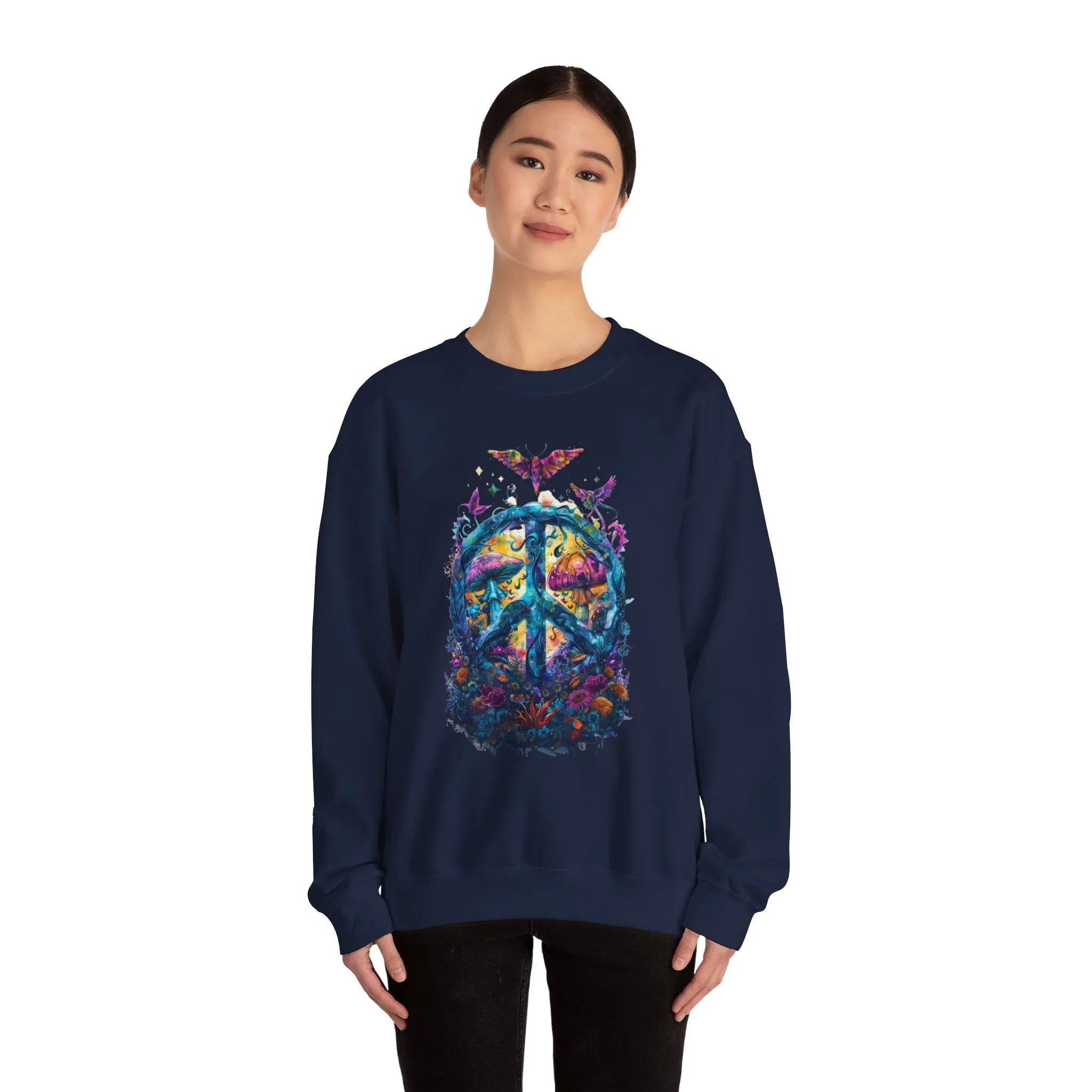 Psychedelic Mushroom Peace Sign Crewneck Sweatshirt | 60s Hippie Tie-Dye - 250 USA Celebration