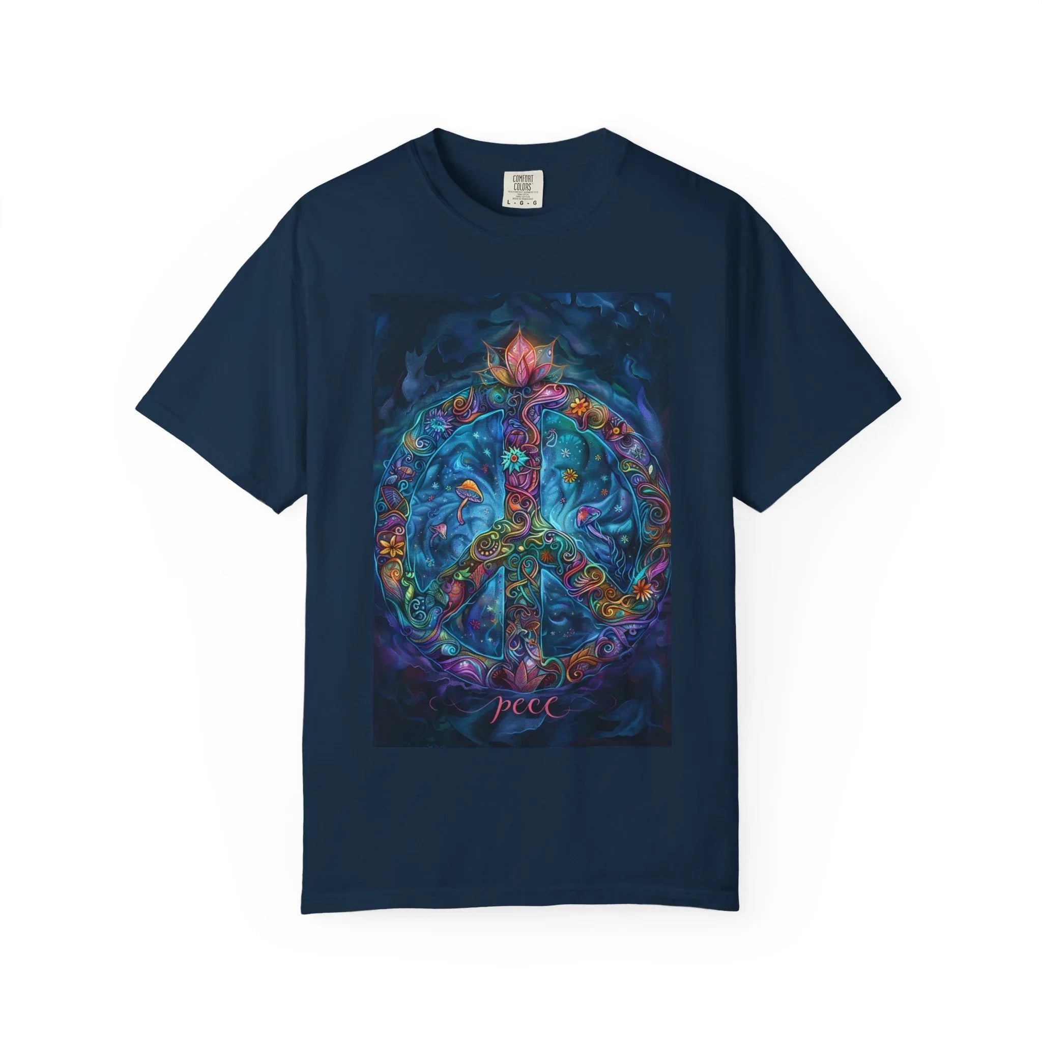 Floral Peace Sign T-shirt | Psychedelic Hippie Vibes, Blue Shirt - 250 USA Celebration