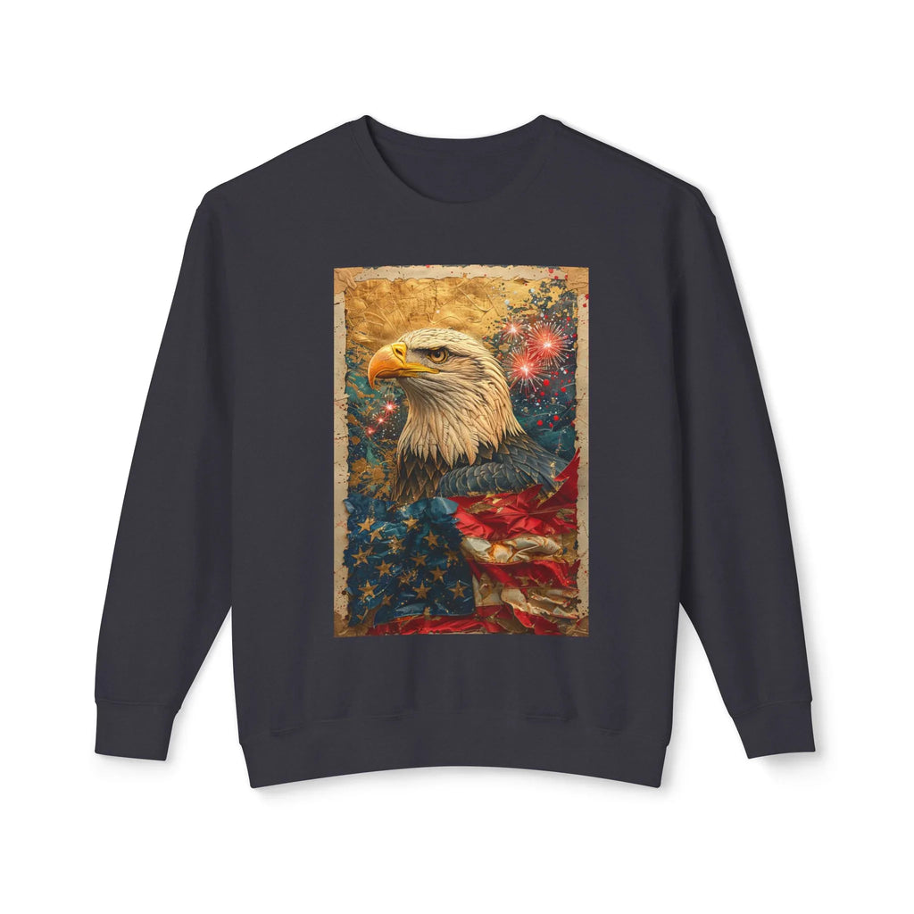 Triumphant Bald Eagle clutching American Flag Sweatshirt | Patriotic Fireworks Outline - 250 USA Celebration