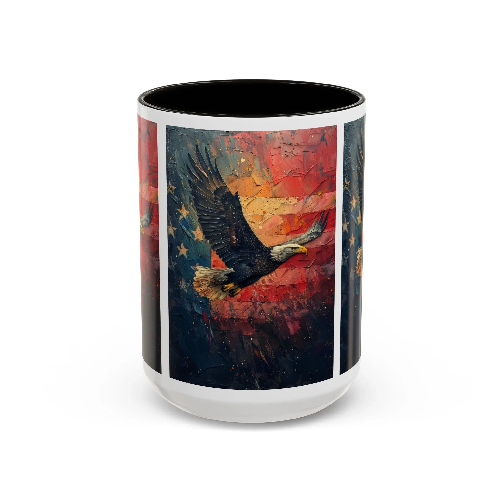Colorful Mugs (11oz, 15oz) American Eagle Flying Coffee Cup, Patriotic American Eagle flying with American Flag in background - 250 USA Celebration