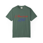 America 250 T-shirt | Patriotic Script, Red and Blue Text