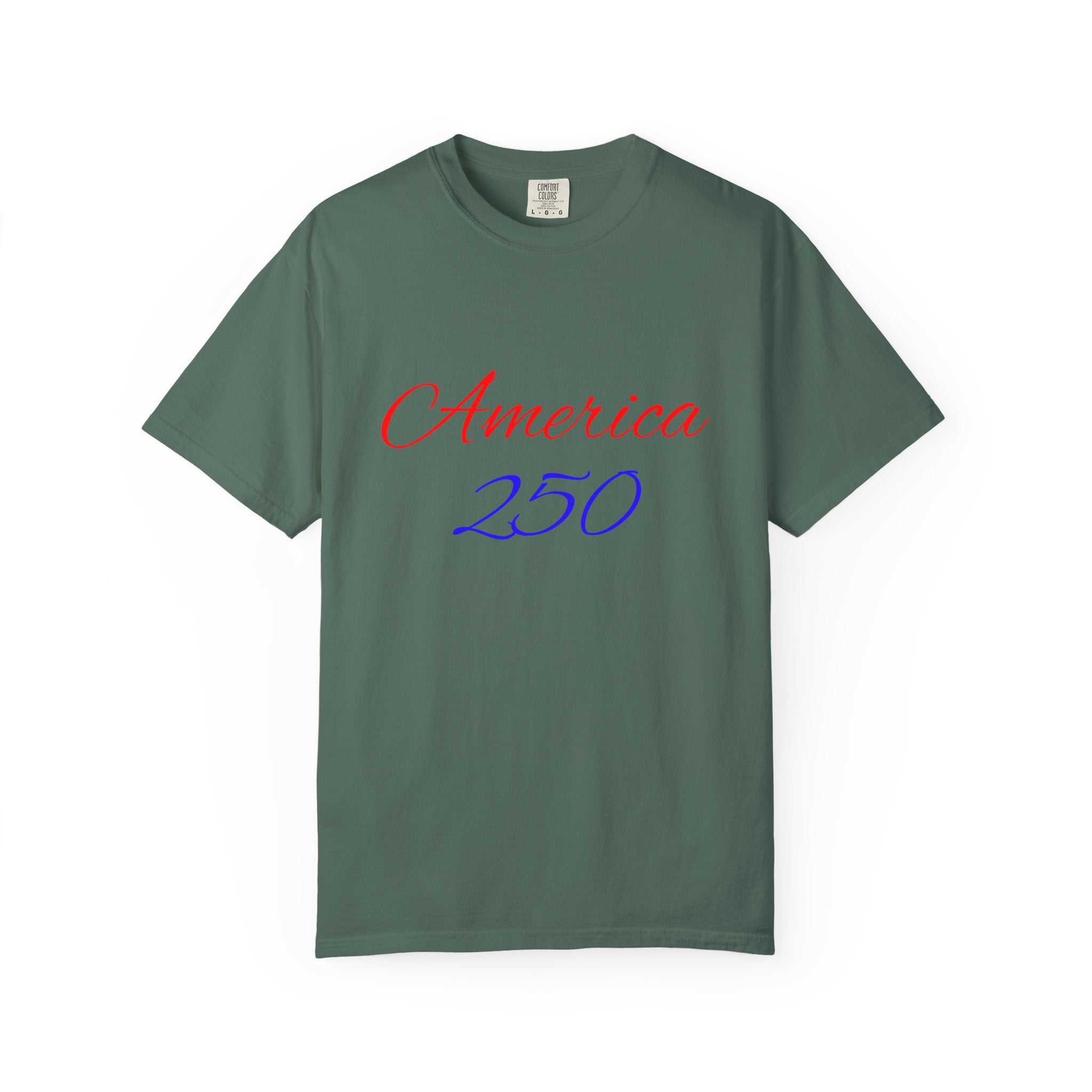 America 250 T-shirt | Patriotic Script, Red and Blue Text