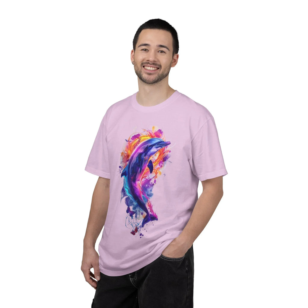 Colorful Watercolor Dolphin T-shirt | Vibrant Ocean Dolphin Tee Chrome Y2K Fantasy Dolphins & Butterflies T-Shirt | Airbrushed Liquid Metal - 250 USA Celebration
