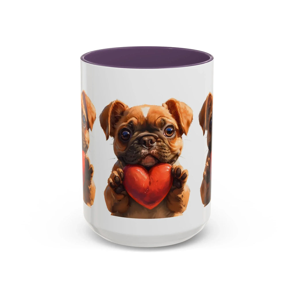 Cute French Bulldog Holding Red Heart Accent Coffee Mug | Puppy Cartoon Illustration - 250 USA Celebration