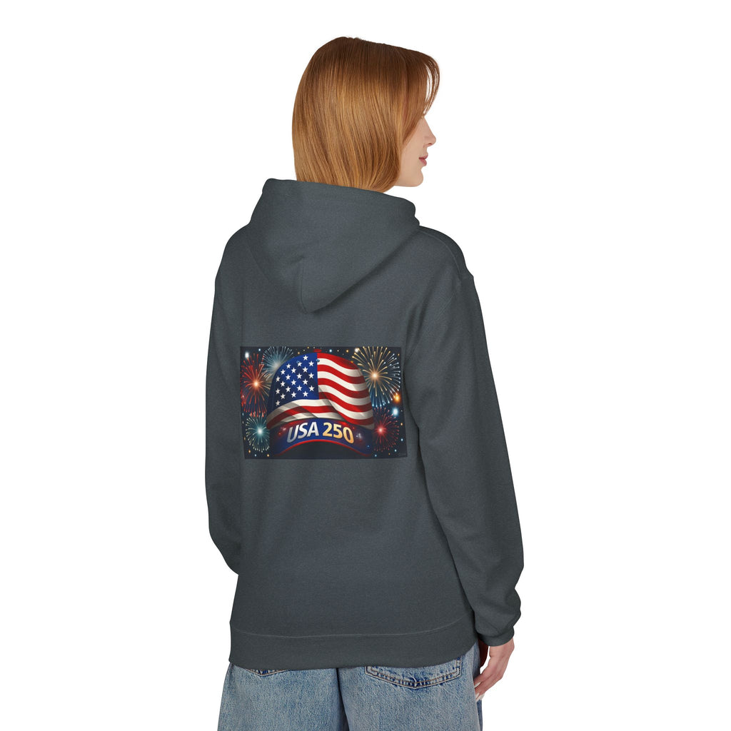 USA 250 Patriotic Hoodie with American Flag & Fireworks