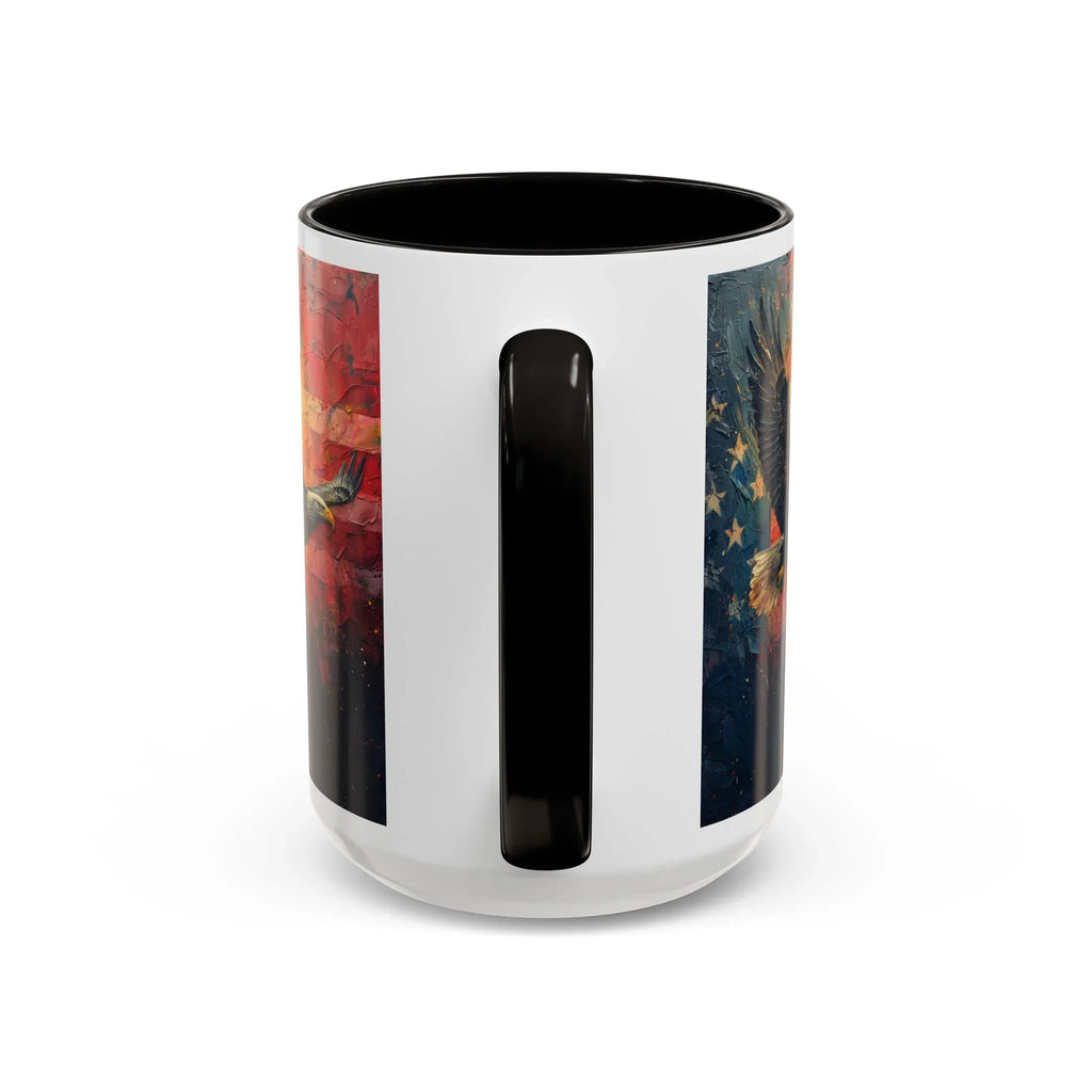 Colorful Mugs (11oz, 15oz) American Eagle Flying Coffee Cup, Patriotic American Eagle flying with American Flag in background - 250 USA Celebration