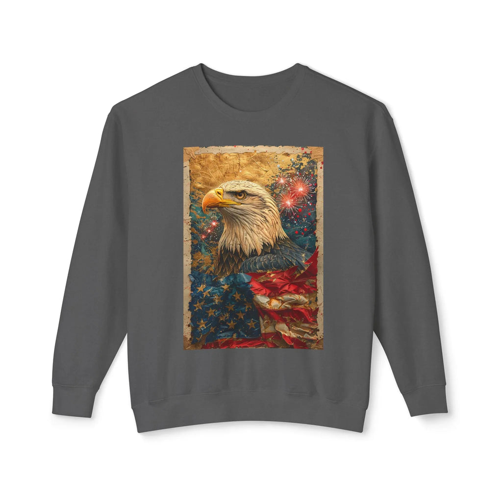 Triumphant Bald Eagle clutching American Flag Sweatshirt | Patriotic Fireworks Outline - 250 USA Celebration