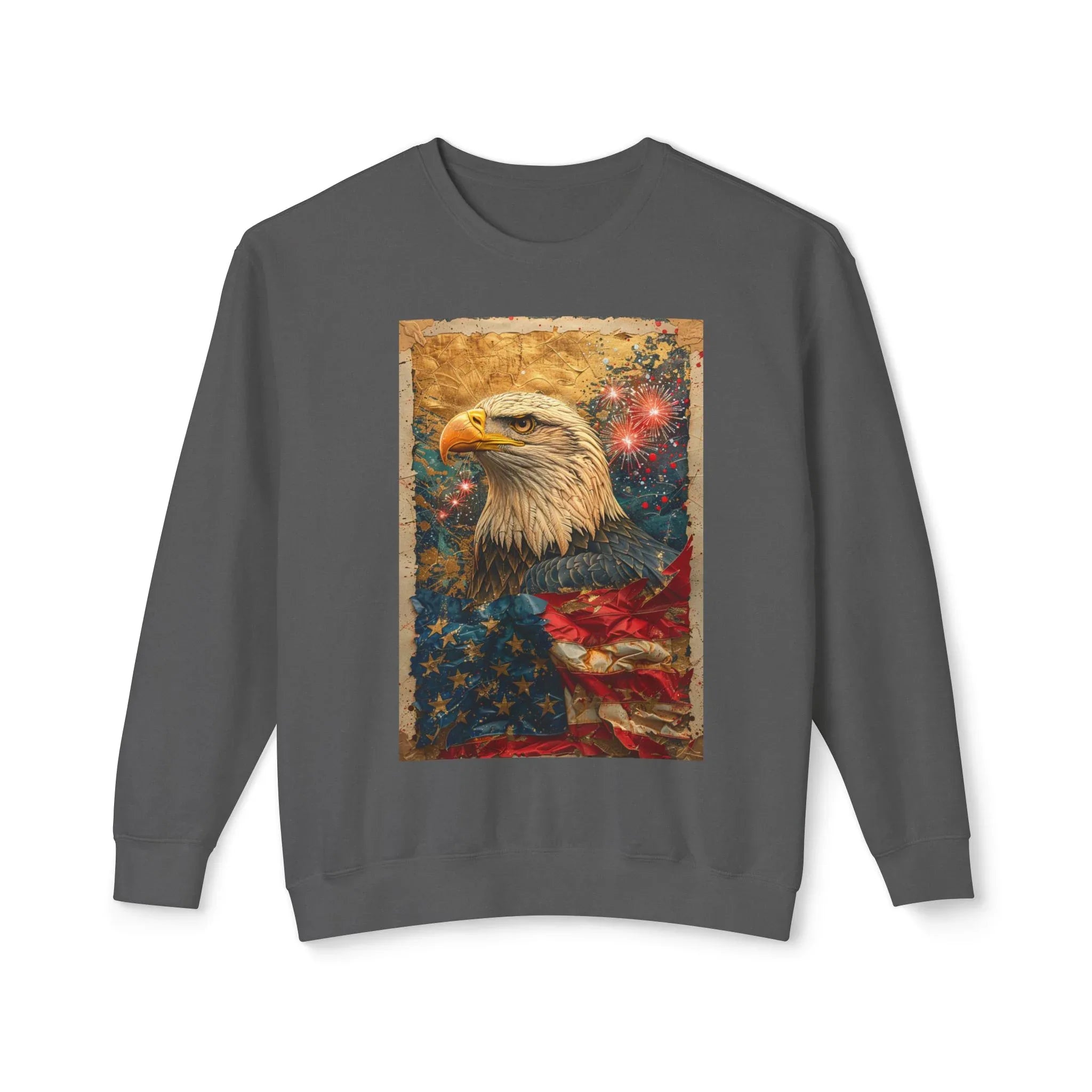 Triumphant Bald Eagle clutching American Flag Sweatshirt | Patriotic Fireworks Outline - 250 USA Celebration