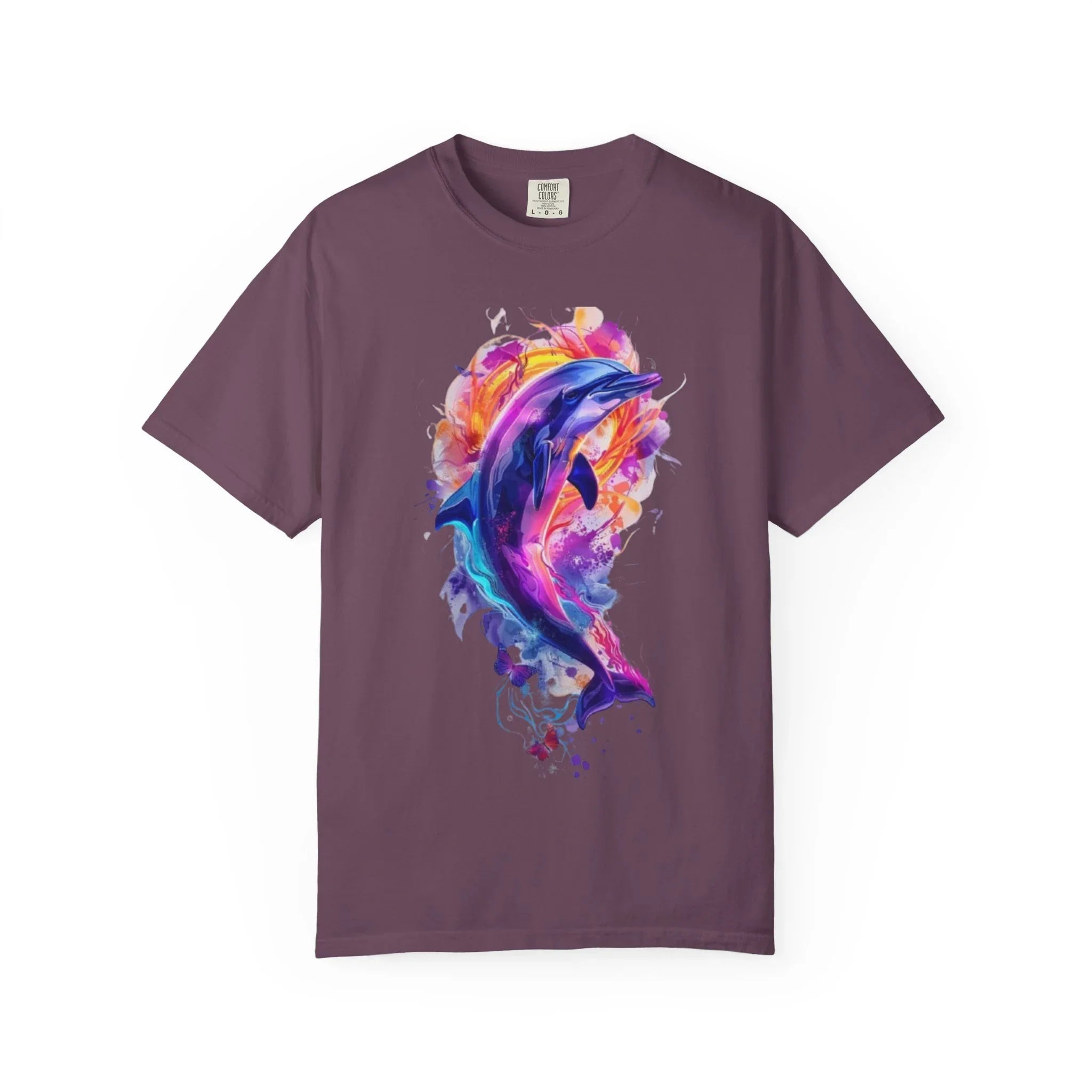 Colorful Watercolor Dolphin T-shirt | Vibrant Ocean Dolphin Tee Chrome Y2K Fantasy Dolphins & Butterflies T-Shirt | Airbrushed Liquid Metal - 250 USA Celebration