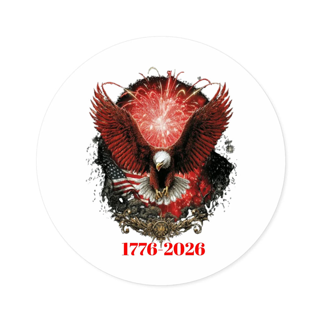 1776-2026 Eagle with Fireworks round sticker | Patriotic Sticker - 250 USA Celebration