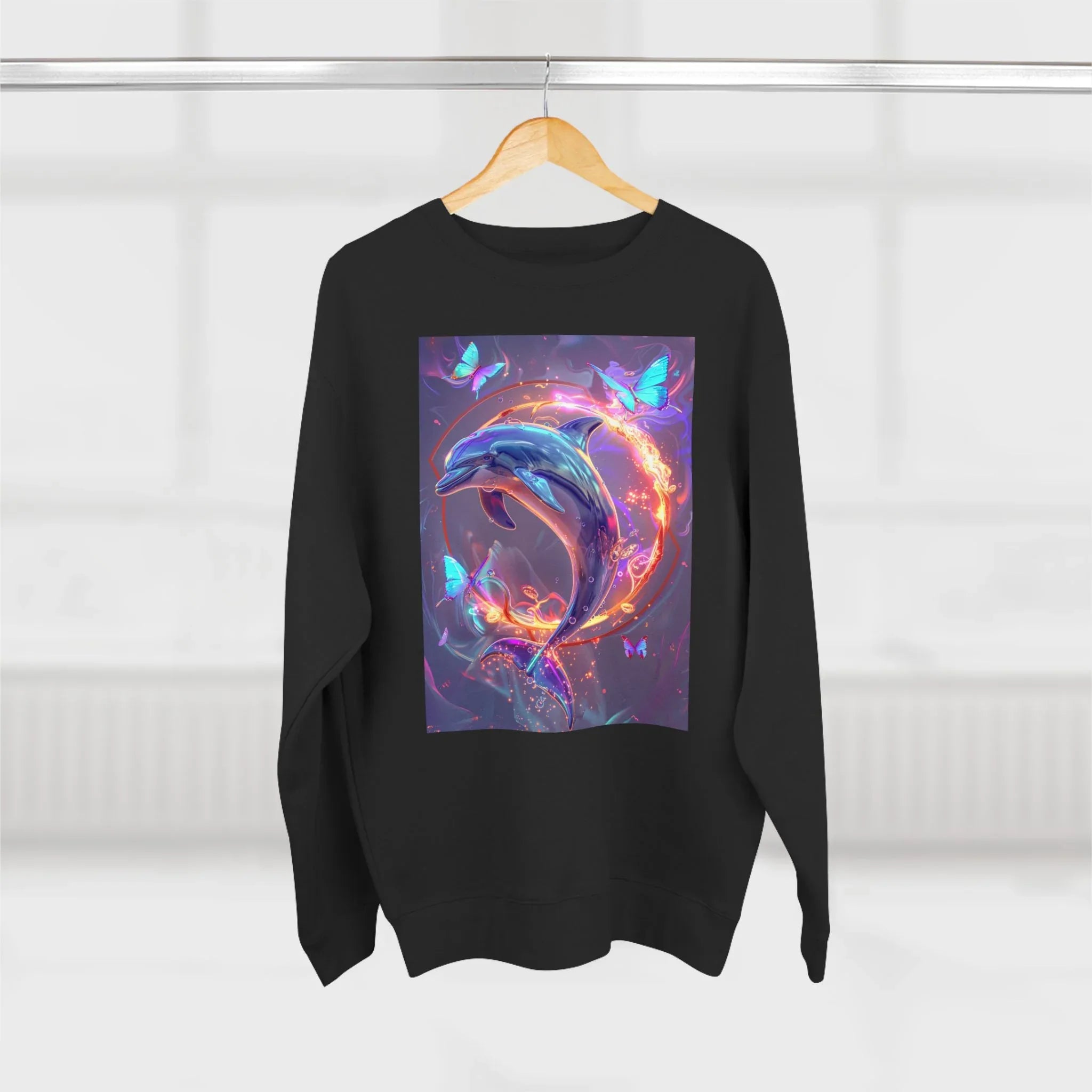 Neon Mystic Dolphin Ring sweatshirt | Glowing Butterflies, Fantasy Ocean Art - 250 USA Celebration