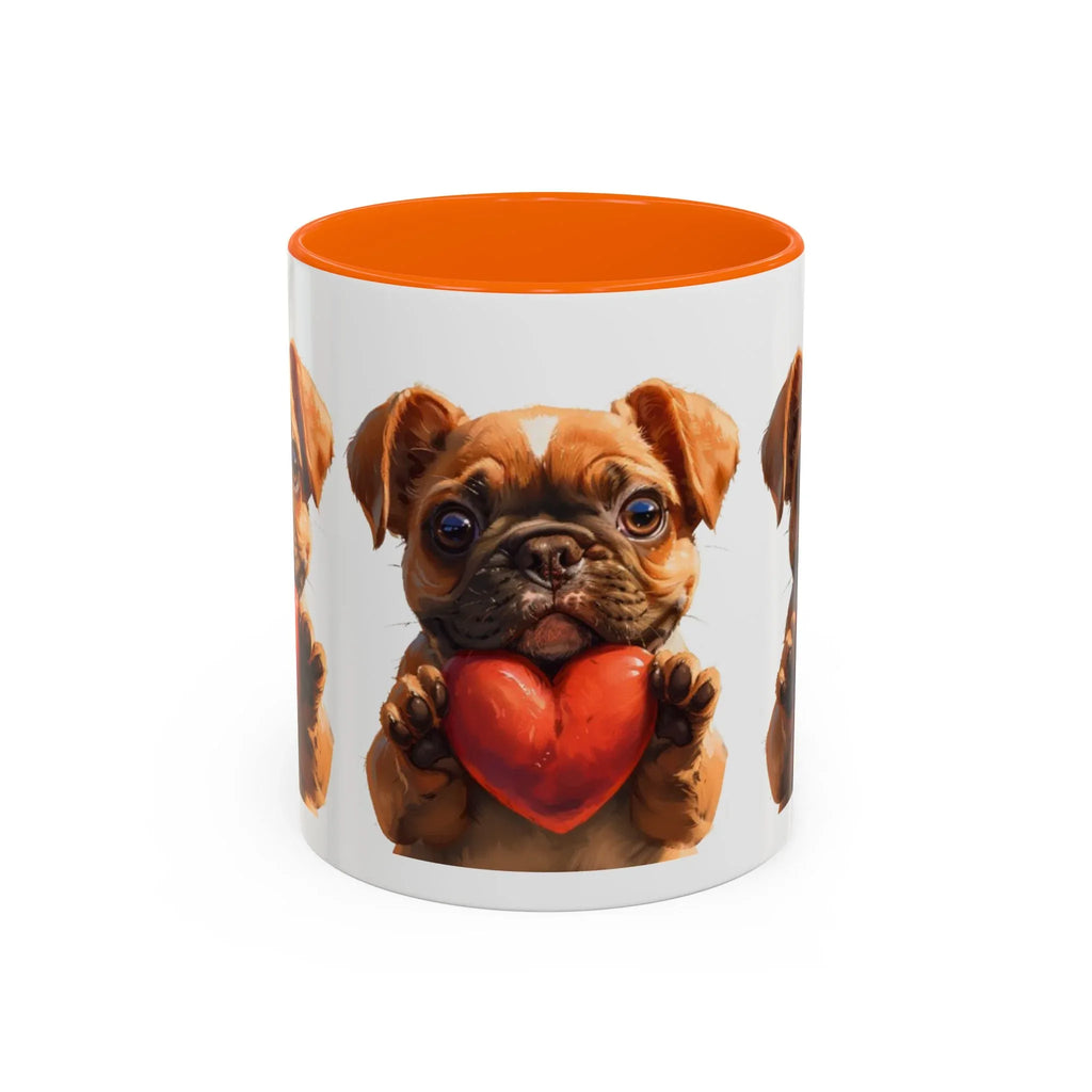 Cute French Bulldog Holding Red Heart Accent Coffee Mug | Puppy Cartoon Illustration - 250 USA Celebration