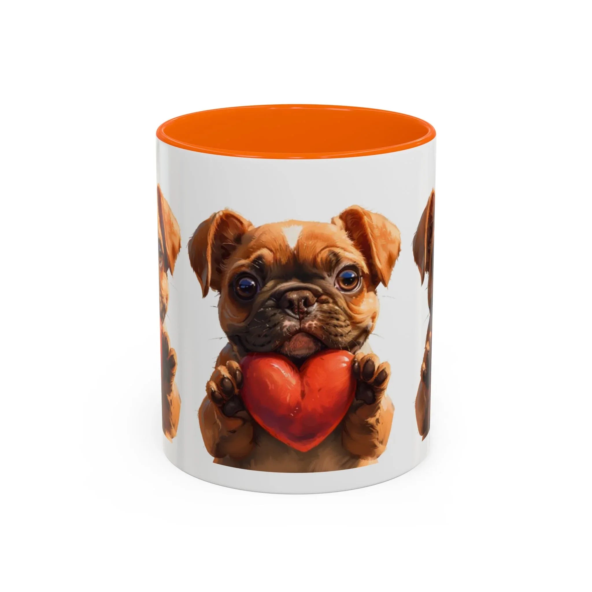 Cute French Bulldog Holding Red Heart Accent Coffee Mug | Puppy Cartoon Illustration - 250 USA Celebration