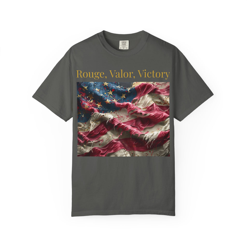 Patriotic T-Shirt — "Rouge, Valor, Victory" American Flag Graphic, "America First" Back Text