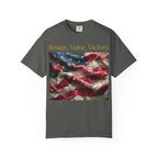 Patriotic T-Shirt — "Rouge, Valor, Victory" American Flag Graphic, "America First" Back Text