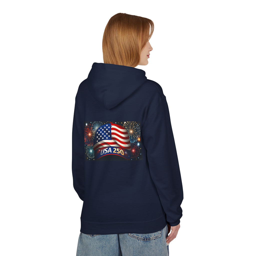 USA 250 Patriotic Hoodie with American Flag & Fireworks