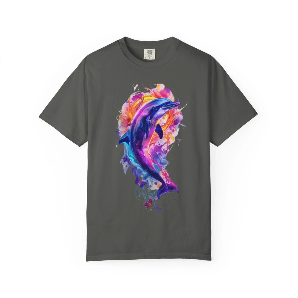 Colorful Watercolor Dolphin T-shirt | Vibrant Ocean Dolphin Tee Chrome Y2K Fantasy Dolphins & Butterflies T-Shirt | Airbrushed Liquid Metal - 250 USA Celebration