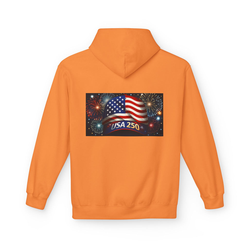 USA 250 Patriotic Hoodie with American Flag & Fireworks