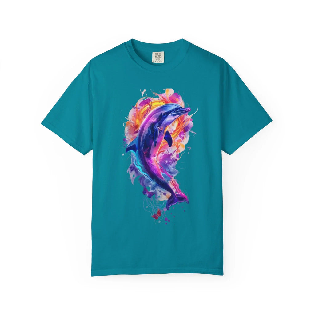 Colorful Watercolor Dolphin T-shirt | Vibrant Ocean Dolphin Tee Chrome Y2K Fantasy Dolphins & Butterflies T-Shirt | Airbrushed Liquid Metal - 250 USA Celebration
