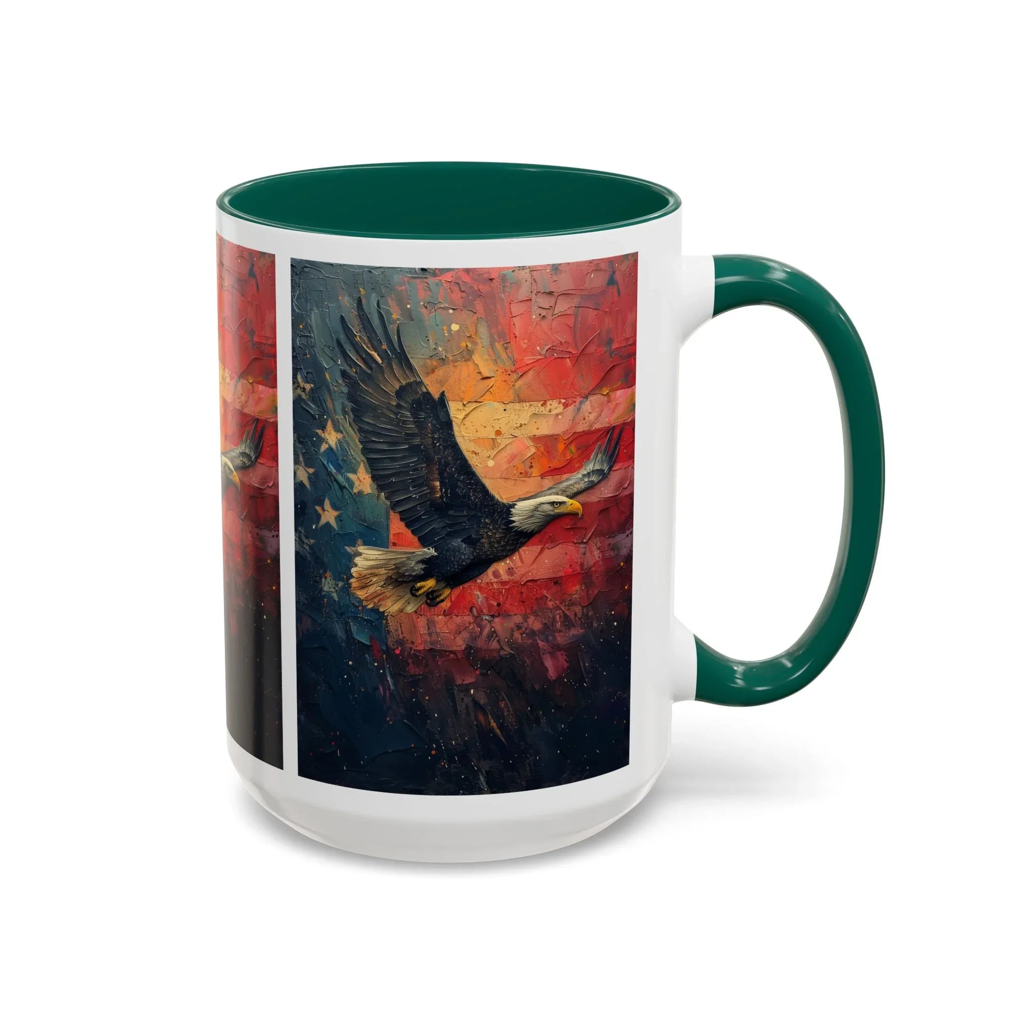 Colorful Mugs (11oz, 15oz) American Eagle Flying Coffee Cup, Patriotic American Eagle flying with American Flag in background - 250 USA Celebration