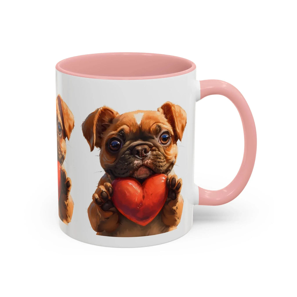 Cute French Bulldog Holding Red Heart Accent Coffee Mug | Puppy Cartoon Illustration - 250 USA Celebration