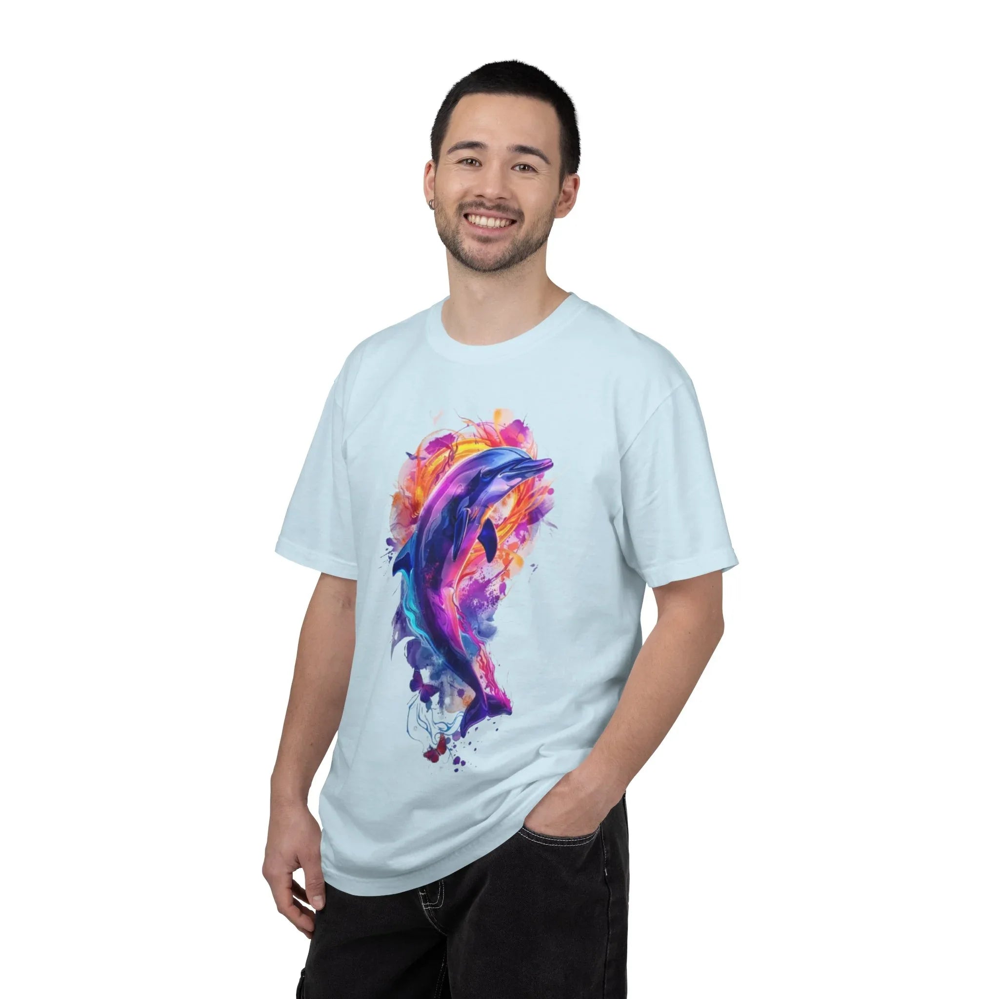 Colorful Watercolor Dolphin T-shirt | Vibrant Ocean Dolphin Tee Chrome Y2K Fantasy Dolphins & Butterflies T-Shirt | Airbrushed Liquid Metal - 250 USA Celebration