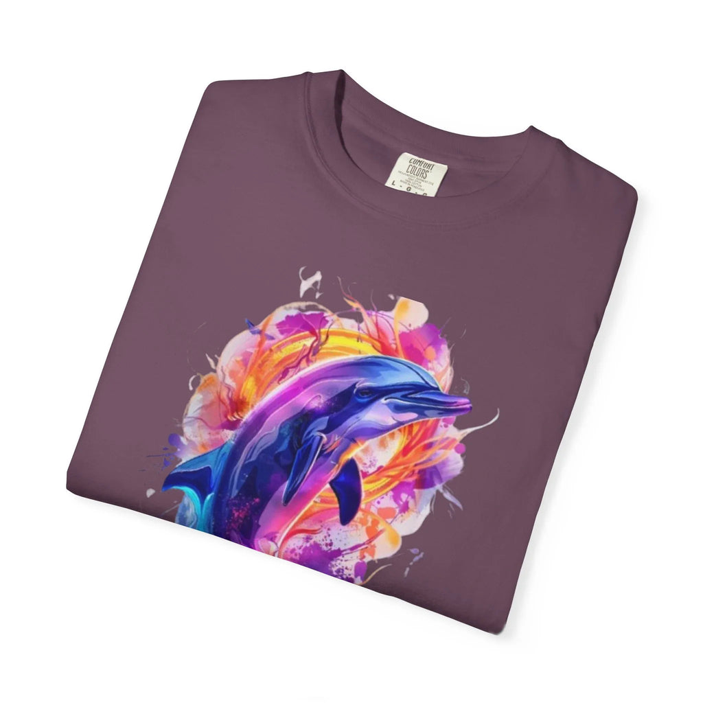 Colorful Watercolor Dolphin T-shirt | Vibrant Ocean Dolphin Tee Chrome Y2K Fantasy Dolphins & Butterflies T-Shirt | Airbrushed Liquid Metal - 250 USA Celebration