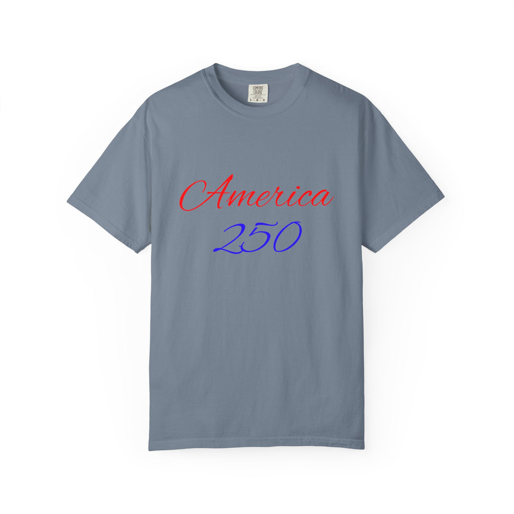 America 250 T-shirt | Patriotic Script, Red and Blue Text
