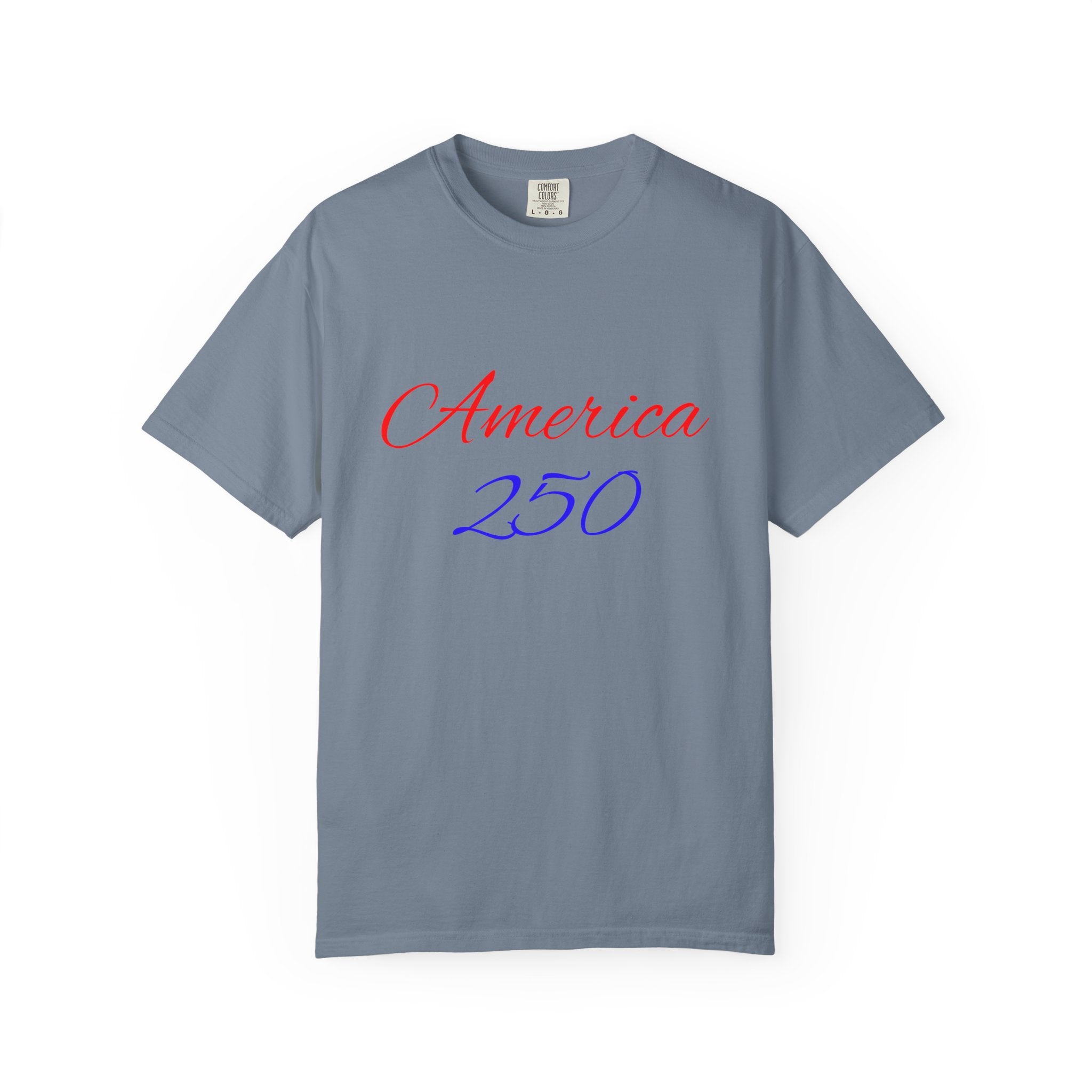 America 250 T-shirt | Patriotic Script, Red and Blue Text