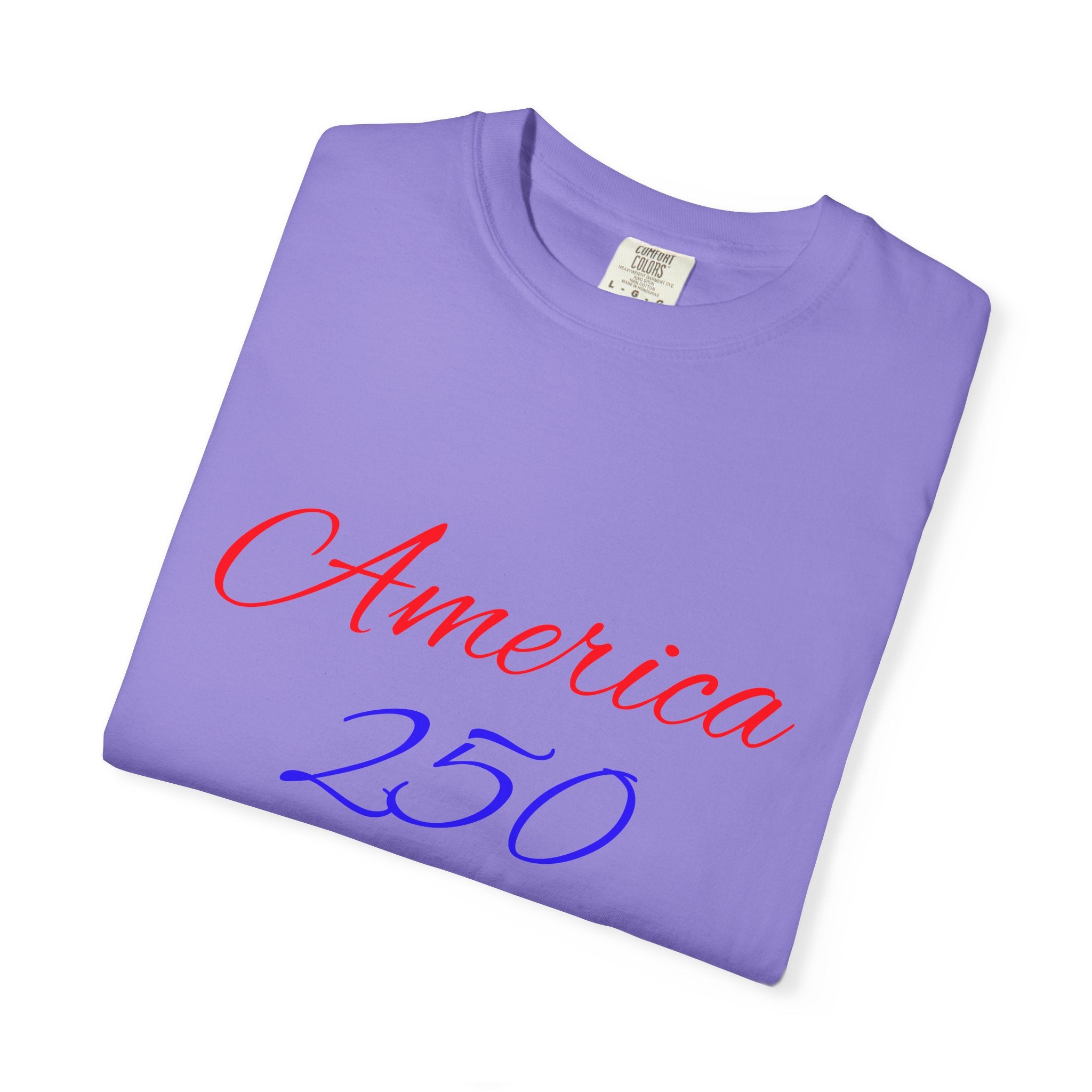 America 250 T-shirt | Patriotic Script, Red and Blue Text