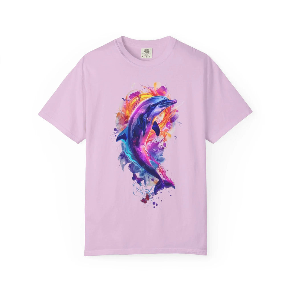 Colorful Watercolor Dolphin T-shirt | Vibrant Ocean Dolphin Tee Chrome Y2K Fantasy Dolphins & Butterflies T-Shirt | Airbrushed Liquid Metal - 250 USA Celebration