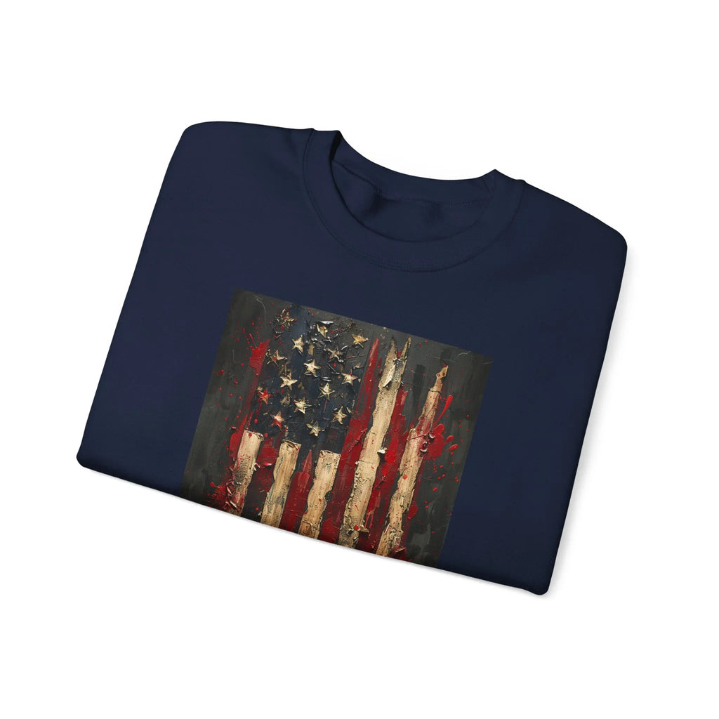 Distressed American Flag Crewneck Sweatshirt | Grunge Patriotic Design - 250 USA Celebration
