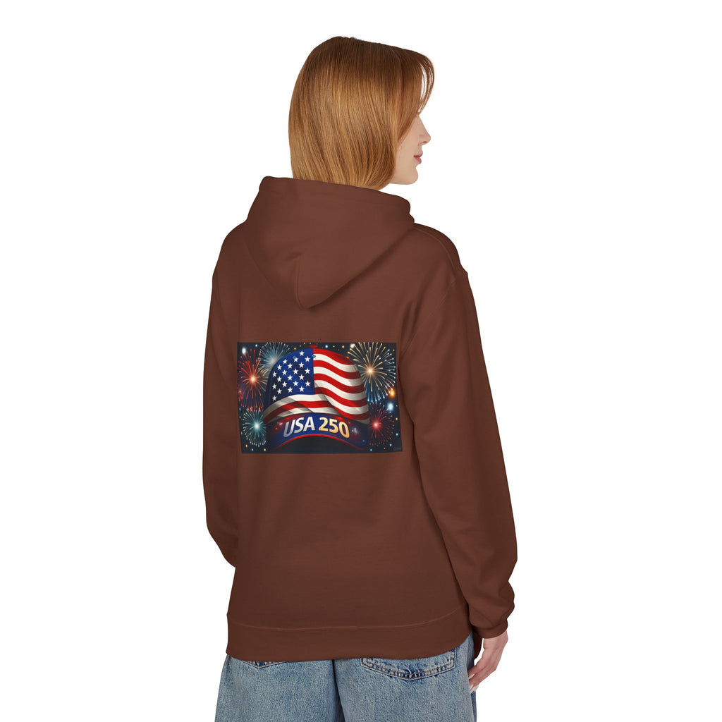 USA 250 Patriotic Hoodie with American Flag & Fireworks