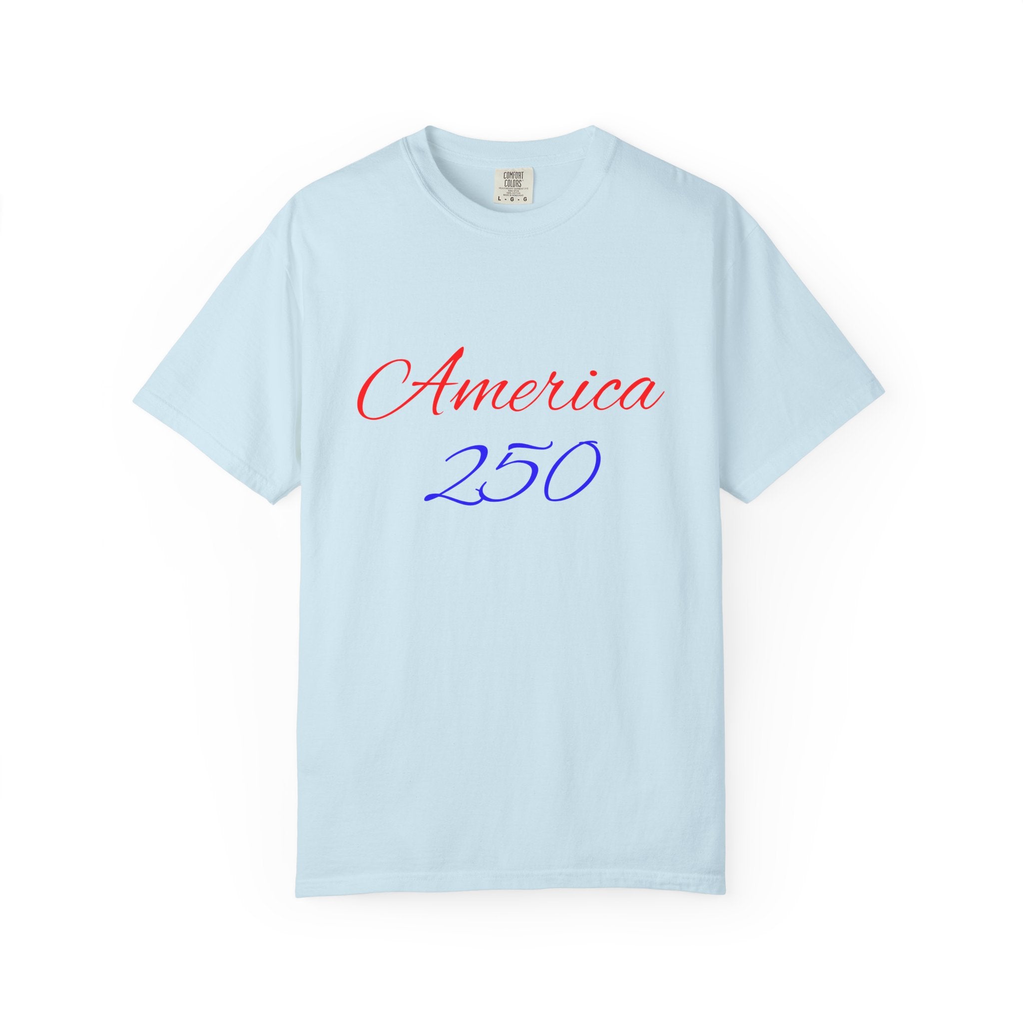 America 250 T-shirt | Patriotic Script, Red and Blue Text