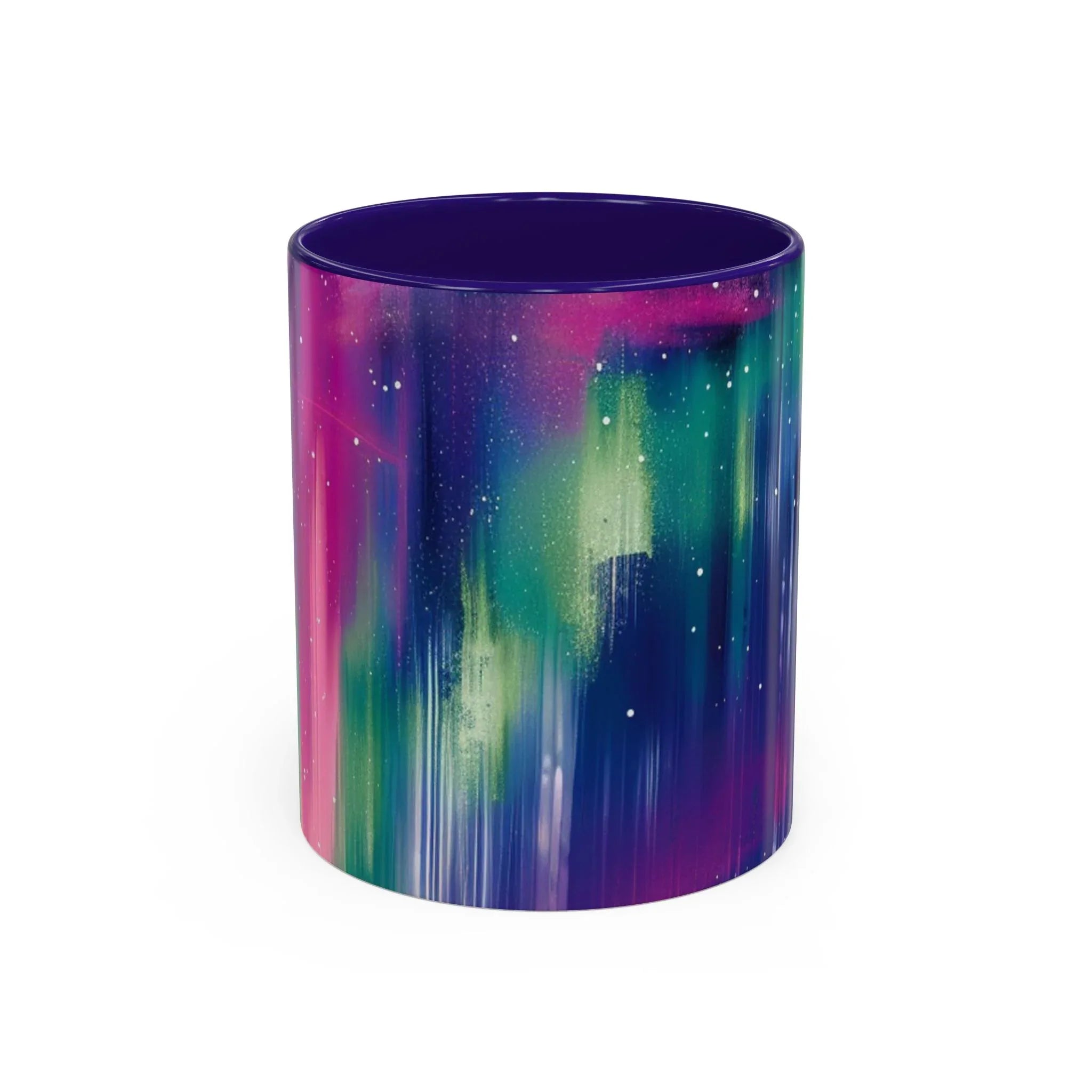Colorful Mugs (11oz, 15oz), aurora borealis coffee cup design, northern lights starry silhouettes coffee cup - 250 USA Celebration