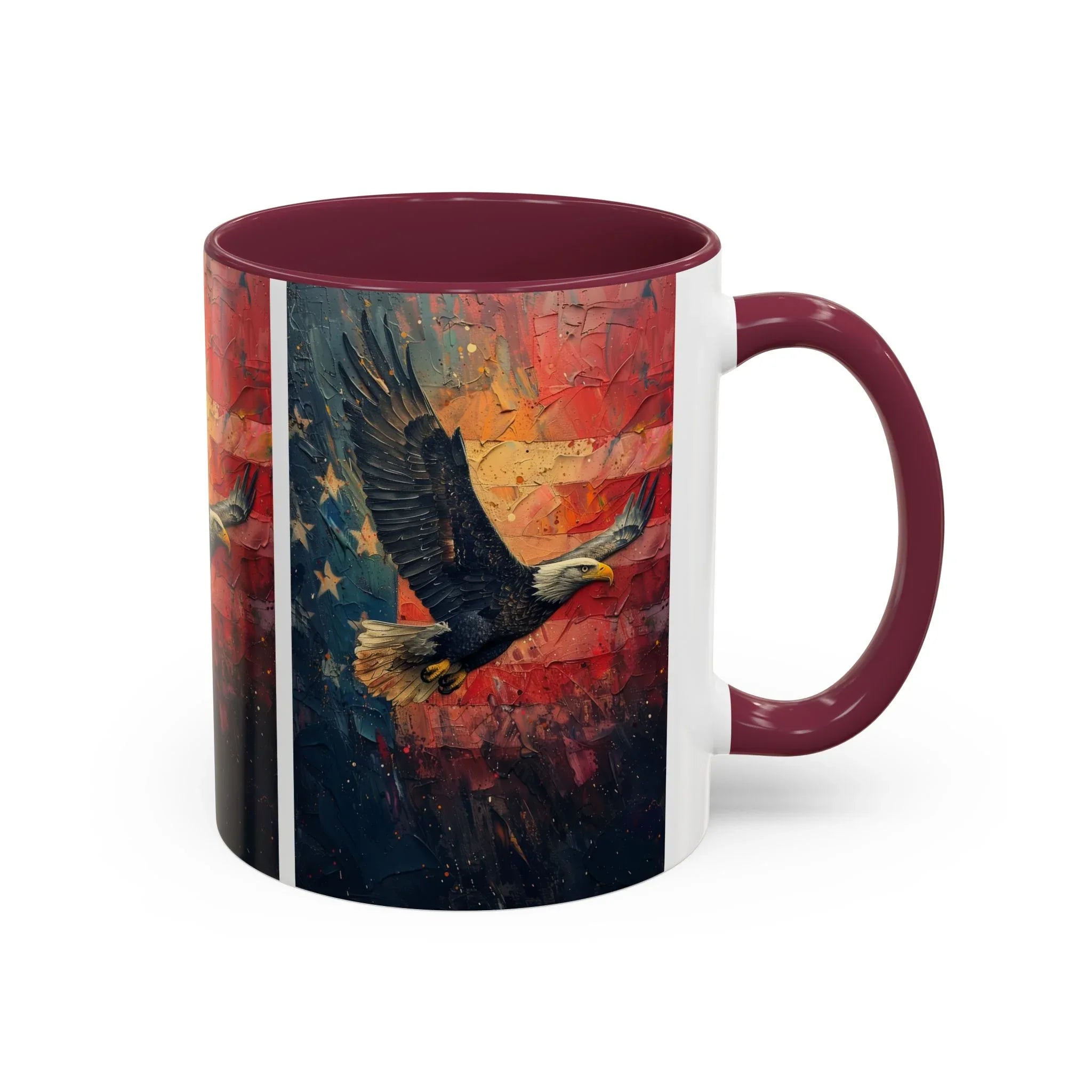 Colorful Mugs (11oz, 15oz) American Eagle Flying Coffee Cup, Patriotic American Eagle flying with American Flag in background - 250 USA Celebration