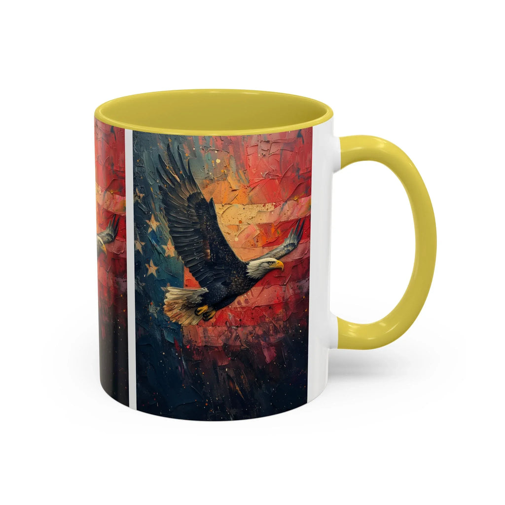 Colorful Mugs (11oz, 15oz) American Eagle Flying Coffee Cup, Patriotic American Eagle flying with American Flag in background - 250 USA Celebration