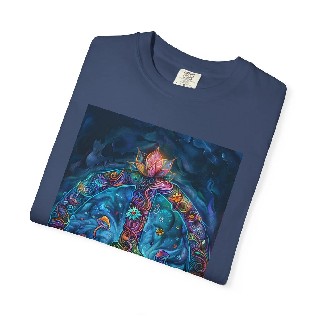 Floral Peace Sign T-shirt | Psychedelic Hippie Vibes, Blue Shirt - 250 USA Celebration