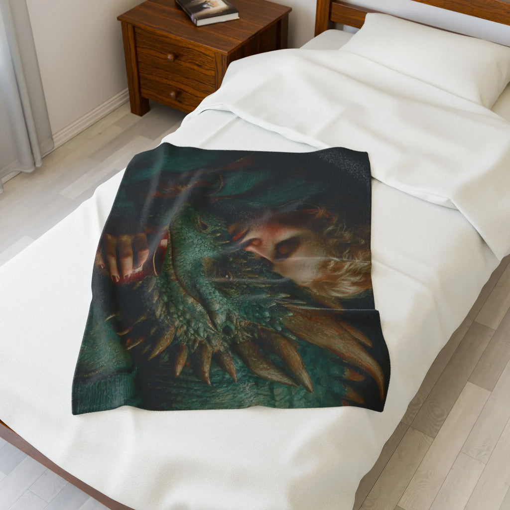 Woman Cuddling Dragon Velveteen Blanket | Fantasy Art Plush Throw - 250 USA Celebration